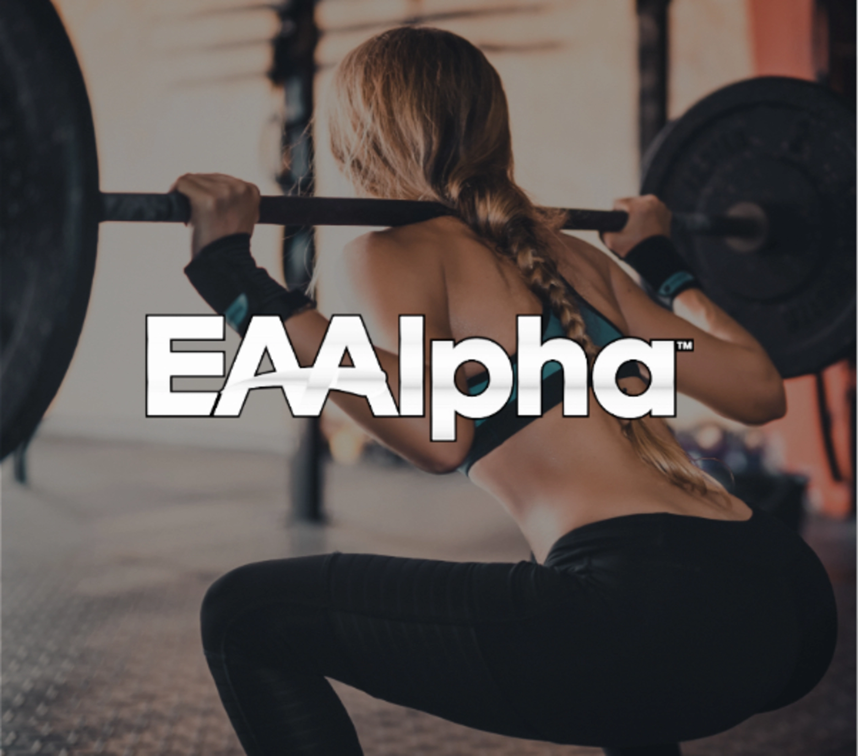 A woman squatting with "EAAlpha" text overlaid.