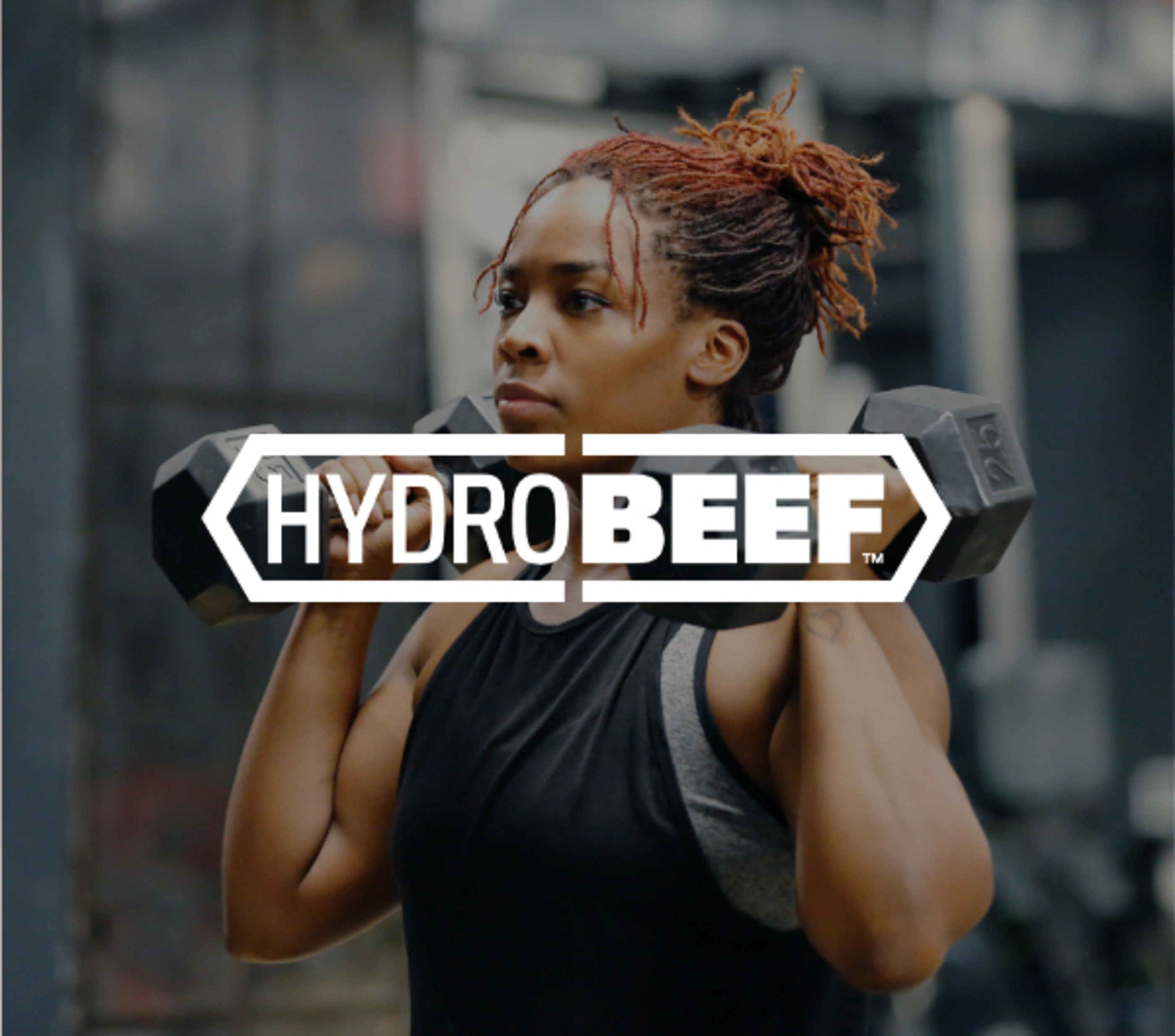 A woman using weights with "HydroBeef" overlaid.