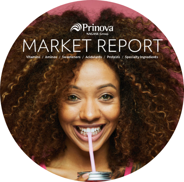 a woman drinking from a straw with "Prinova Market Report" overlaid