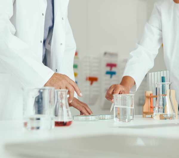 beakers and flasks in a lab