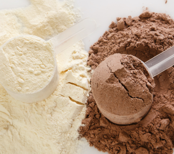 vanilla and chocolate powders in scoops and piles